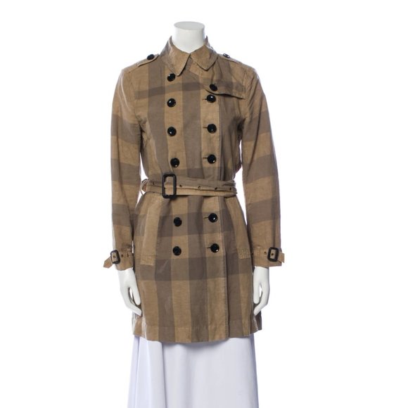 Burberry Jackets & Blazers - Burberry Linen Blend Plaid Trench Coat Size 4
